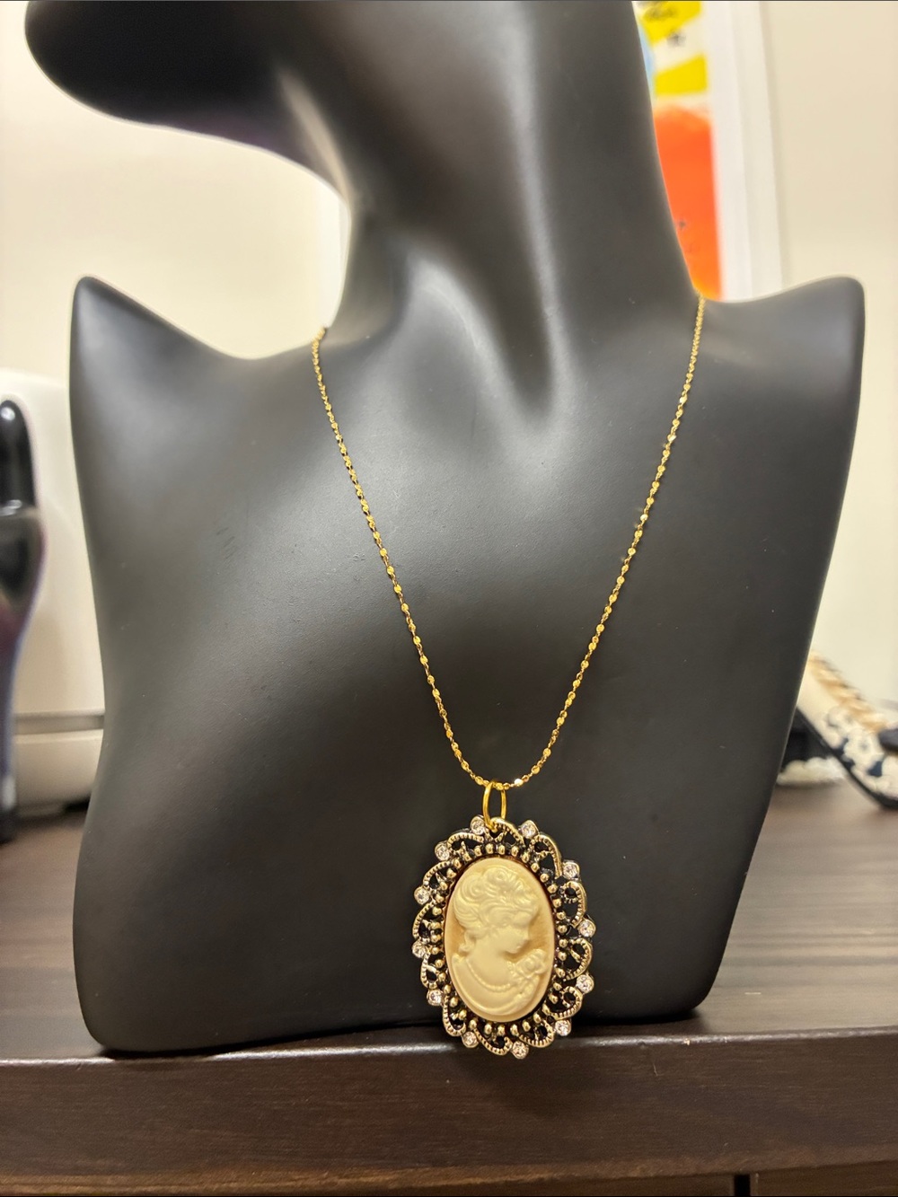 Upcycled Vintage 1970s Gold Cameo Pendant Stainless Steel Necklace Whimsigoth